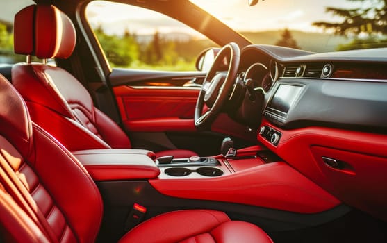 The interior of a luxury car glows with the warmth of sunset, highlighting the red leather seats and sophisticated dashboard design. It's a blend of comfort and modern luxury