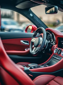 Close-up view of a luxurious car interior with vibrant red leather seats and a modern dashboard. The sleek design highlights advanced automotive technology and comfort