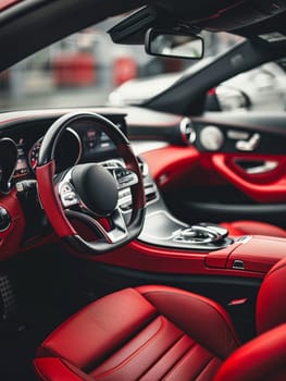 A detailed shot captures the intricate design of a car's steering wheel set against a backdrop of red leather interior. The focus on the steering wheel underscores the vehicle's luxurious feel