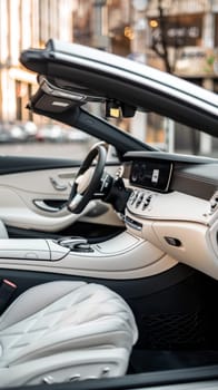 The convertible car's interior is highlighted in this image, with a focus on the luxurious white leather seats and sophisticated dashboard. The open top adds to the allure of freedom and elegance