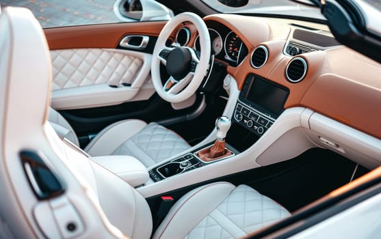 Showcasing a chic combination of cream and tan, this car interior photo captures the stylish upholstery and sleek design elements of a luxury vehicle. The image conveys a sense of modern elegance