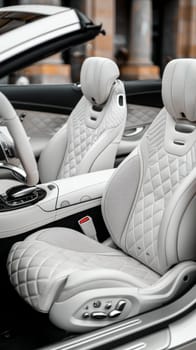 This image showcases the pristine interior of a luxury convertible, with white quilted seats and advanced controls. The open design invites an exhilarating driving experience