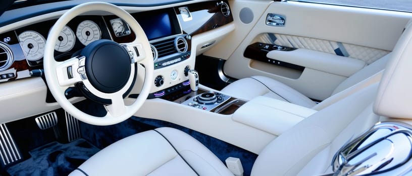 This panoramic image captures the broad, luxurious cabin of a car, with cream leather upholstery and wood trim, showcasing comfort and a rich design aesthetic