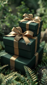 Three green boxes with gold ribbons on top of each other in a forest setting. The boxes are wrapped in green paper and have gold bows on them. Concept of celebration and joy