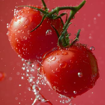 Two tomatoes, a staple food and superfood, are immersed in liquid on a red background, highlighting their natural, plantbased essence as fruits