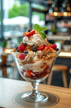 A dessert with strawberries, blueberries, and raspberries in a glass bowl. The dessert is topped with whipped cream and granola