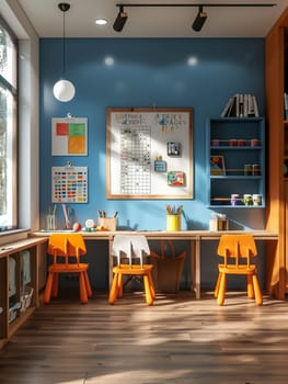 A child room with a desk and chairs, a painting of a child with a paw print on it, and a calendar on the wall