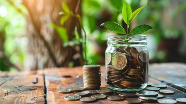 A jar full of coins and growing like a plant. Passive income and savings concept.