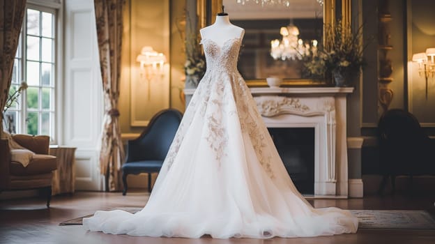 Wedding drees, bridal gown style and bespoke fashion, full-legth white tailored ball gown in showroom, tailor fitting, beauty and wedding inspiration