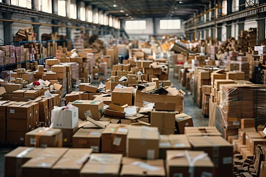 A warehouse full of boxes with a lot of white and brown boxes. The boxes are piled up and stacked on top of each other