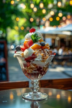 A dessert with strawberries, blueberries, and raspberries in a glass bowl. The dessert is topped with whipped cream and granola