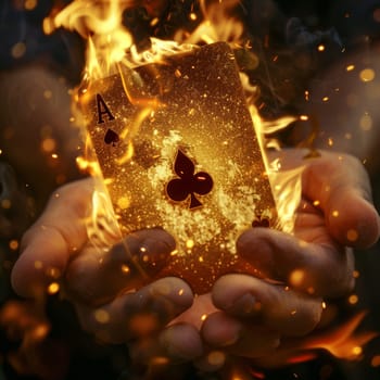 A hand holding a card on it and flames surrounding it. Concept of magic and wonder, as if the card is a powerful object that can bring good fortune or change the course of events