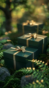 Three green boxes with gold ribbons on top of each other in a forest setting. The boxes are wrapped in green paper and have gold bows on them. Concept of celebration and joy