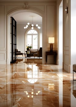 A living room with a marble floor, white walls, and hardwood fixtures. The interior design features a blend of tints and shades, creating a modern yet elegant space