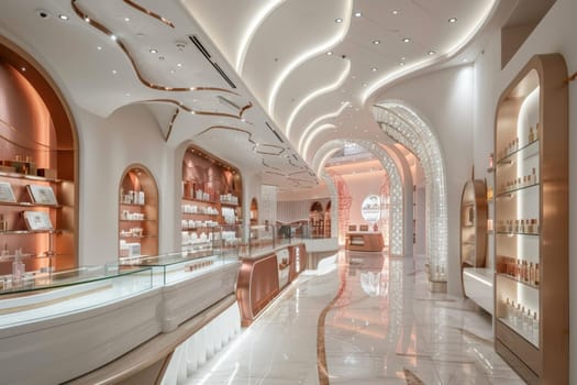 A store with a white interior and gold accents. The store is filled with many shelves and displays of perfume