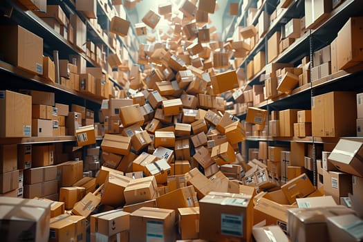 A warehouse full of boxes with a lot of white and brown boxes. The boxes are piled up and stacked on top of each other