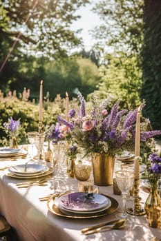 Wedding tablescape, elegant formal dinner table setting, table scape with lavender decoration for holiday party event celebration, post-processed, generative ai