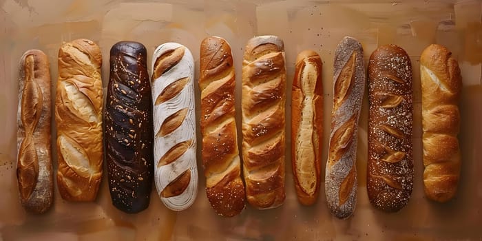 A variety of bread types are displayed on a wooden table, showcasing different staple foods from various cuisines and baked goods recipes