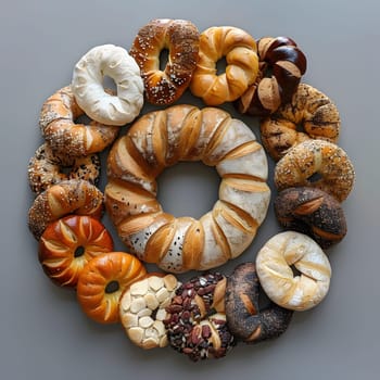A selection of bagels, a staple food in many cuisines, are arranged in a circle for a still life photography project showcasing natural foods and baked goods