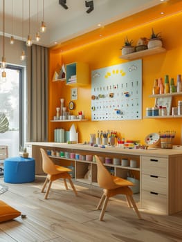 A child room with a desk and chairs, a painting of a child with a paw print on it, and a calendar on the wall