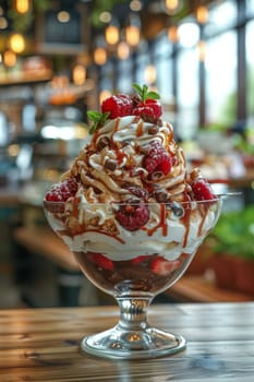 A dessert with strawberries, blueberries, and raspberries in a glass bowl. The dessert is topped with whipped cream and granola