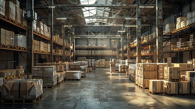 A warehouse with a lot of boxes and pallets. The boxes are stacked on top of each other and the pallets are on the floor. There are two people in the warehouse, one on the left and one on the right