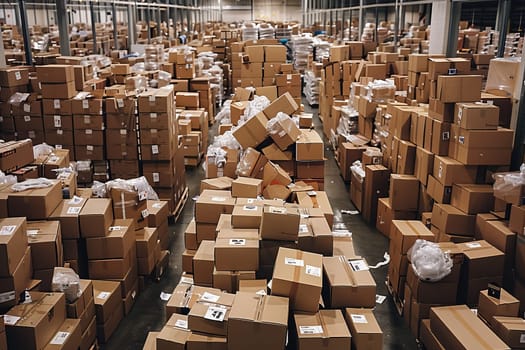 A warehouse full of boxes with a lot of white and brown boxes. The boxes are piled up and stacked on top of each other