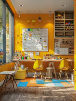 A child room with a desk and chairs, a painting of a child with a paw print on it, and a calendar on the wall