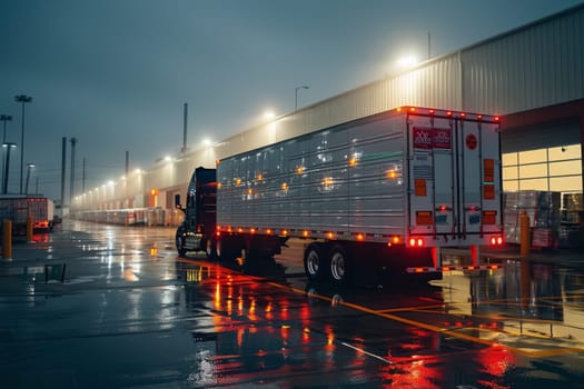 A semi truck is parked in a parking lot with a large building in the background. The truck is illuminated with lights, giving it a sense of movement and activity