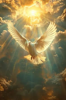 A white dove flying in the sky with a sun shining on it. The image has a peaceful and serene mood, as the dove is soaring high above the clouds