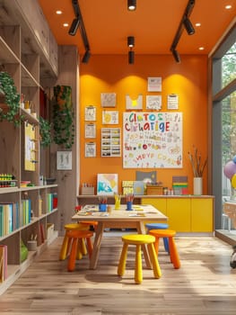 A child room with a desk and chairs, a painting of a child with a paw print on it, and a calendar on the wall