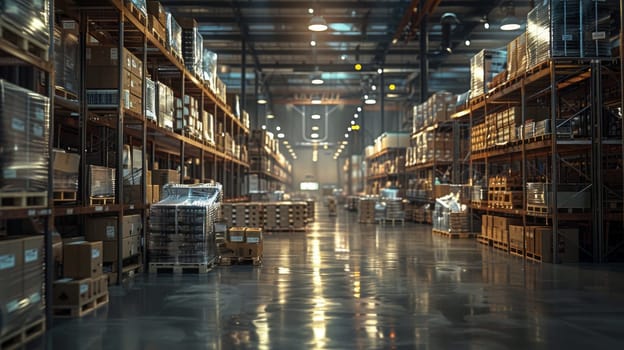 A warehouse with a lot of boxes and pallets. The boxes are stacked on top of each other and the pallets are on the floor. There are two people in the warehouse, one on the left and one on the right