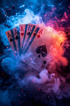 A deck of playing cards is shown with a blue and purple background. The cards are arranged in a row, with the top card being a spade. The image has a dreamy, surreal quality to it
