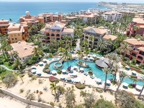 Aerial view of big resorts with pool in Cabo San Jose, Baja California Sur, Mexico