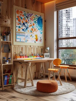 A child room with a desk and chairs, a painting of a child with a paw print on it, and a calendar on the wall