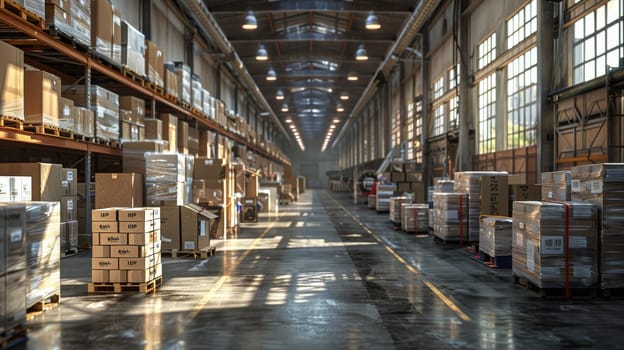 A warehouse with a lot of boxes and pallets. The boxes are stacked on top of each other and the pallets are on the floor. There are two people in the warehouse, one on the left and one on the right