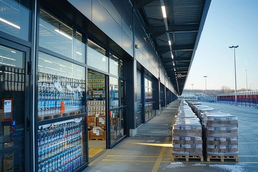 A warehouse with a lot of boxes and pallets. The boxes are stacked on top of each other and the pallets are on the floor. There are two people in the warehouse, one on the left and one on the right