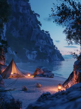 A campsite with a tent and a fire pit. The scene is set in a rocky area with a beach nearby. The atmosphere is cozy and inviting, with the fire providing warmth and light