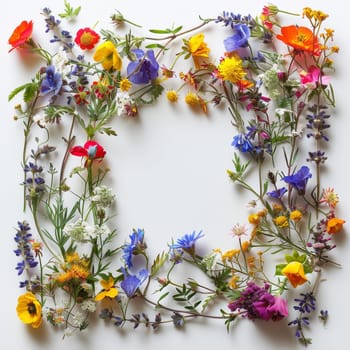 A colorful flower arrangement in a frame. The flowers are of various colors and sizes, and they are arranged in a way that creates a sense of harmony and balance. The frame itself is white