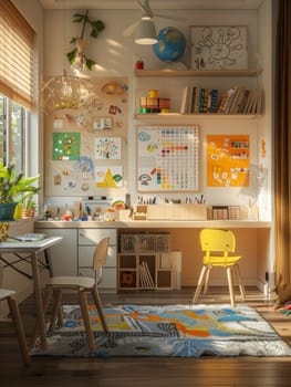 A child room with a desk and chairs, a painting of a child with a paw print on it, and a calendar on the wall