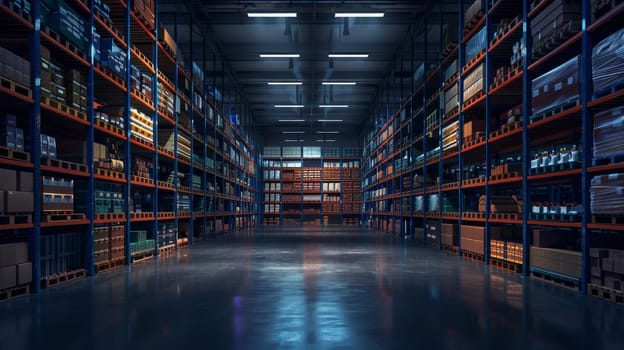 A warehouse with a lot of boxes and pallets. The boxes are stacked on top of each other and the pallets are on the floor. There are two people in the warehouse, one on the left and one on the right