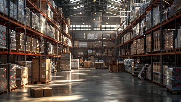 A warehouse with a lot of boxes and pallets. The boxes are stacked on top of each other and the pallets are on the floor. There are two people in the warehouse, one on the left and one on the right