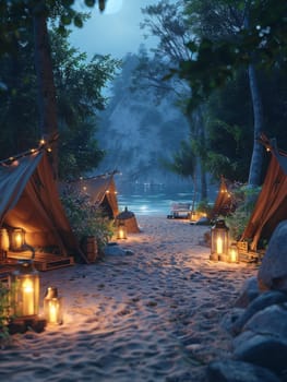 A campsite with a tent and a fire pit. The scene is set in a rocky area with a beach nearby. The atmosphere is cozy and inviting, with the fire providing warmth and light