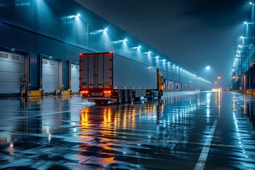 A semi truck is parked in a parking lot with a large building in the background. The truck is illuminated with lights, giving it a sense of movement and activity