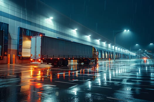 A semi truck is parked in a parking lot with a large building in the background. The truck is illuminated with lights, giving it a sense of movement and activity