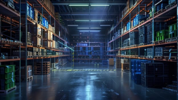 A warehouse with a lot of boxes and pallets. The boxes are stacked on top of each other and the pallets are on the floor. There are two people in the warehouse, one on the left and one on the right