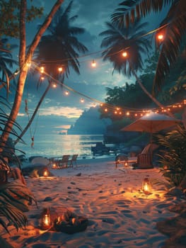 A campsite with a tent and a fire pit. The scene is set in a rocky area with a beach nearby. The atmosphere is cozy and inviting, with the fire providing warmth and light