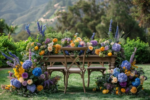A table with a beautiful floral arrangement and wooden chairs. The table is set for a special occasion, and the flowers are arranged in a way that creates a warm and inviting atmosphere