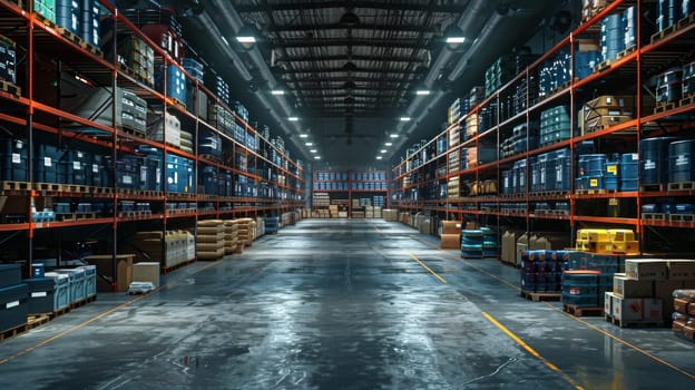 A warehouse with a lot of boxes and pallets. The boxes are stacked on top of each other and the pallets are on the floor. There are two people in the warehouse, one on the left and one on the right