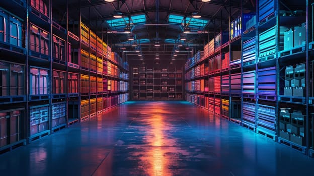 A warehouse with a lot of boxes and pallets. The boxes are stacked on top of each other and the pallets are on the floor. There are two people in the warehouse, one on the left and one on the right